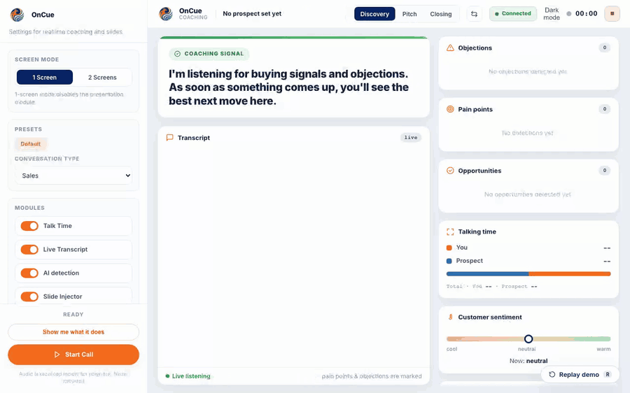 OnCue during a live sales call: transcription, pain points, objections and coaching signal